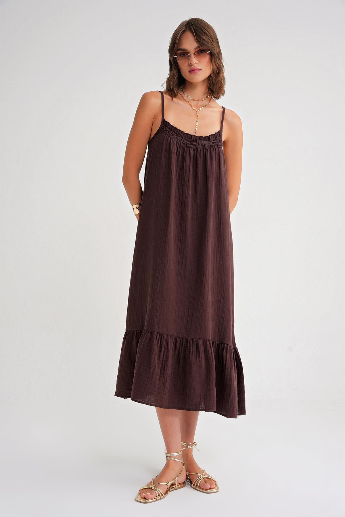 4740 Kadın Askılı Müslin Midi Elbise Kahve