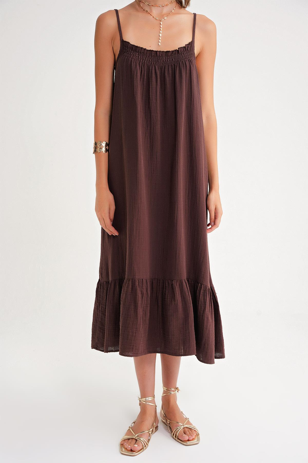 4740 Kadın Askılı Müslin Midi Elbise Kahve