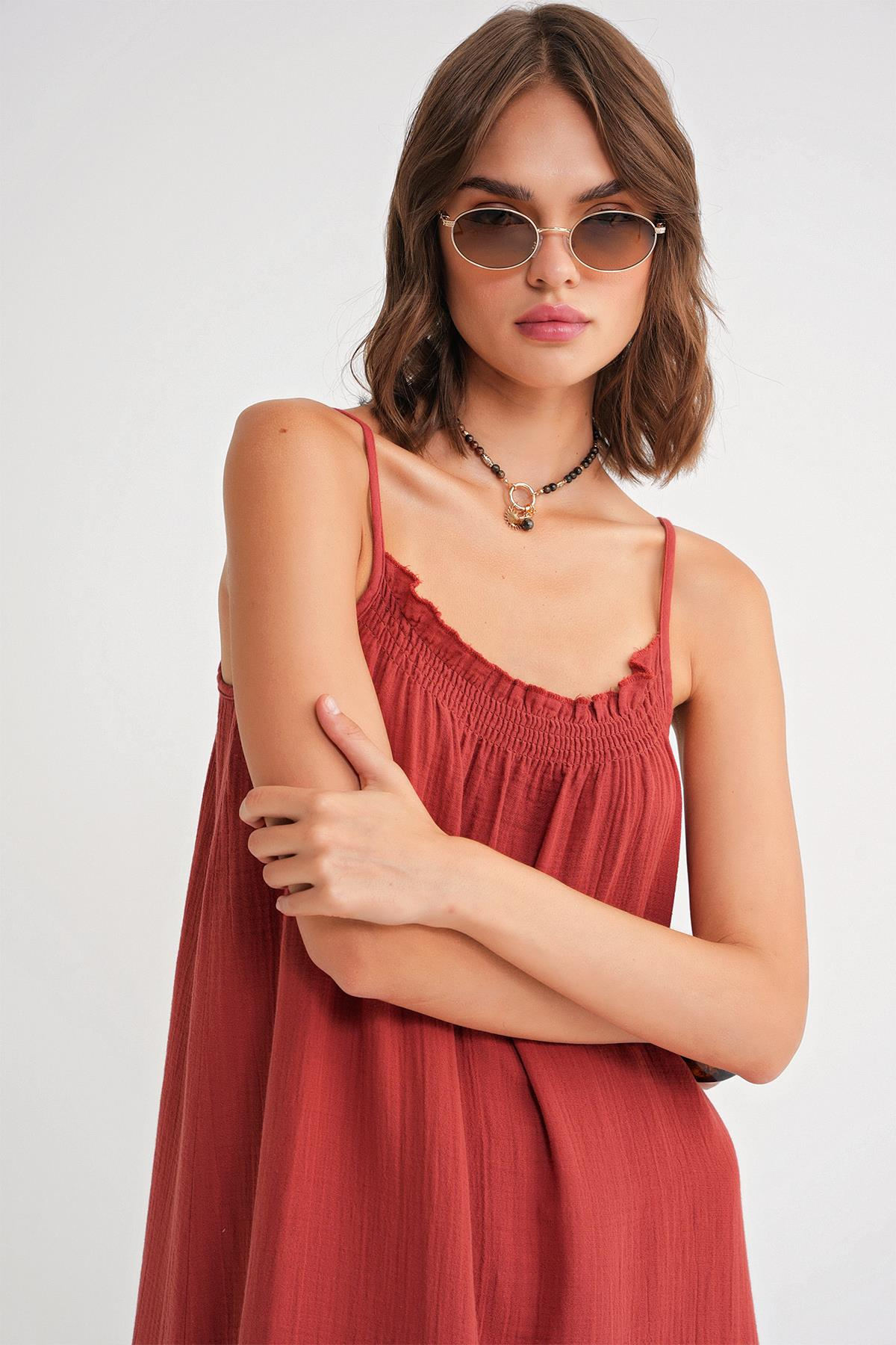 4740 Kadın Askılı Müslin Midi Elbise Kiremit