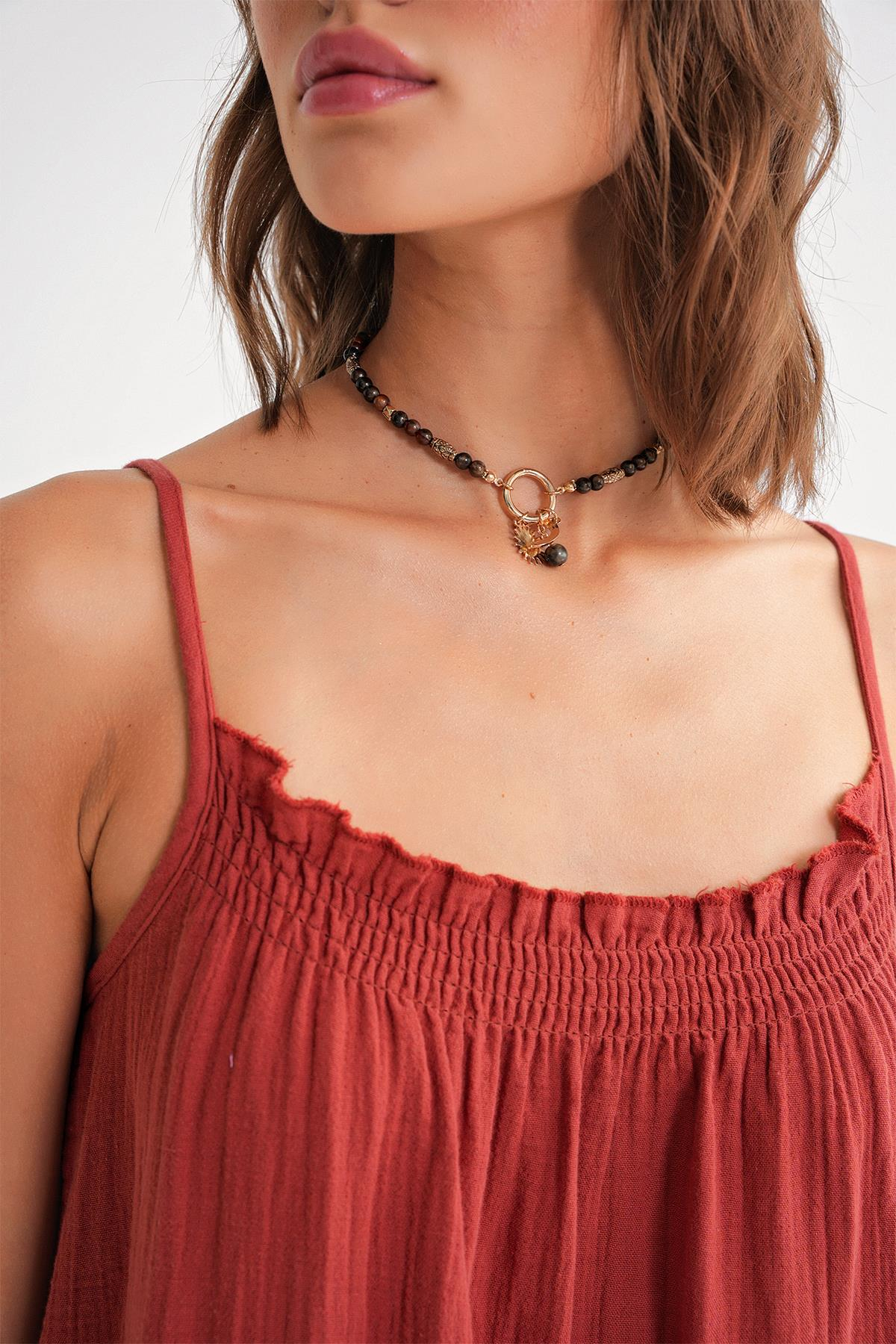 4740 Kadın Askılı Müslin Midi Elbise Kiremit