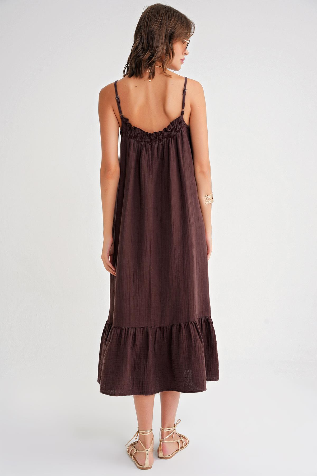 4740 Kadın Askılı Müslin Midi Elbise Kahve