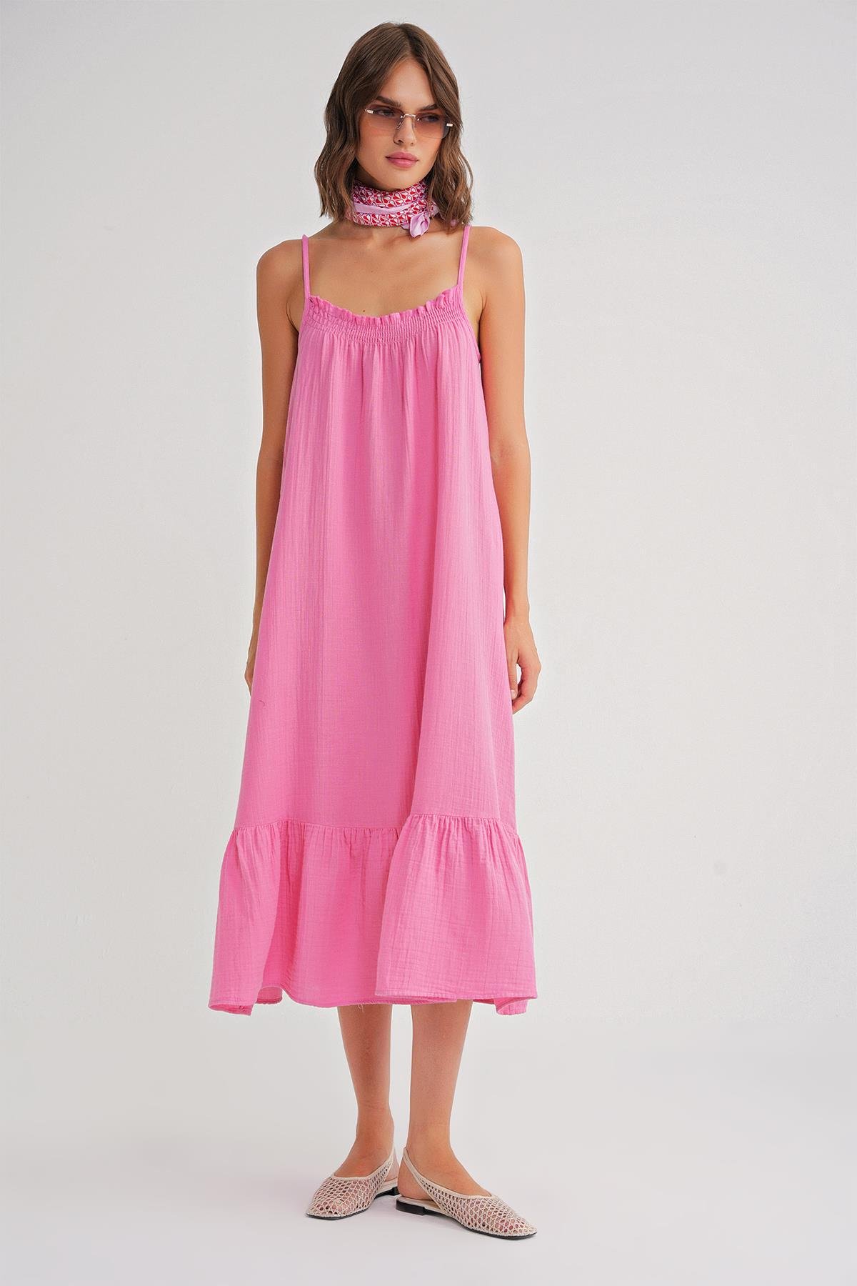 4740 Kadın Askılı Müslin Midi Elbise Pembe