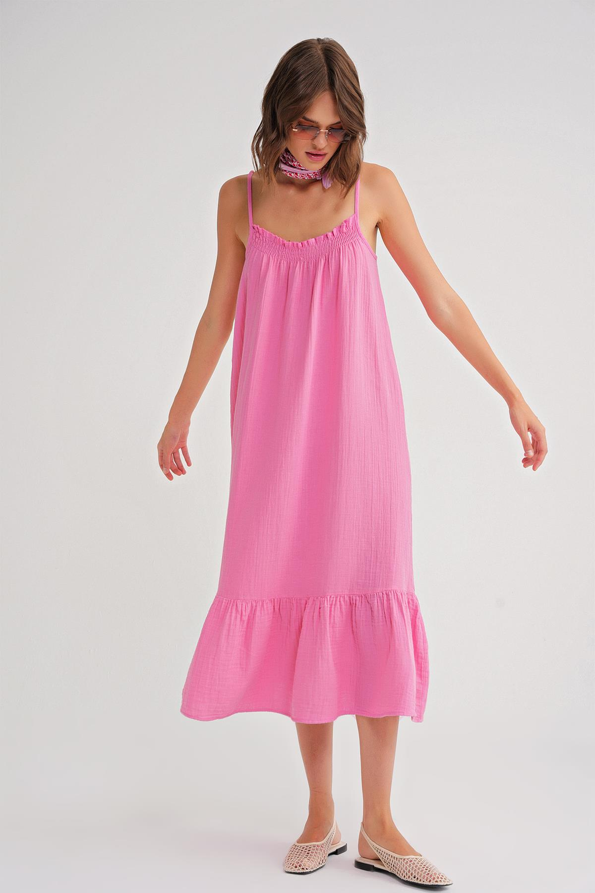 4740 Kadın Askılı Müslin Midi Elbise Pembe