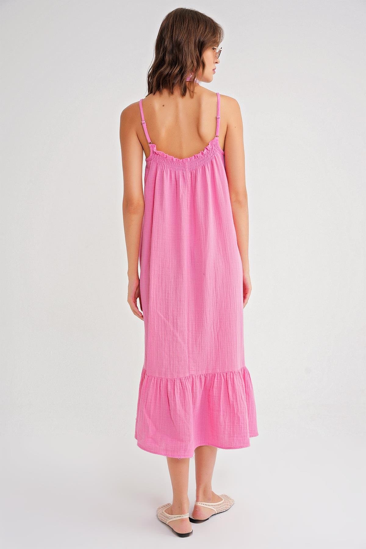 4740 Kadın Askılı Müslin Midi Elbise Pembe