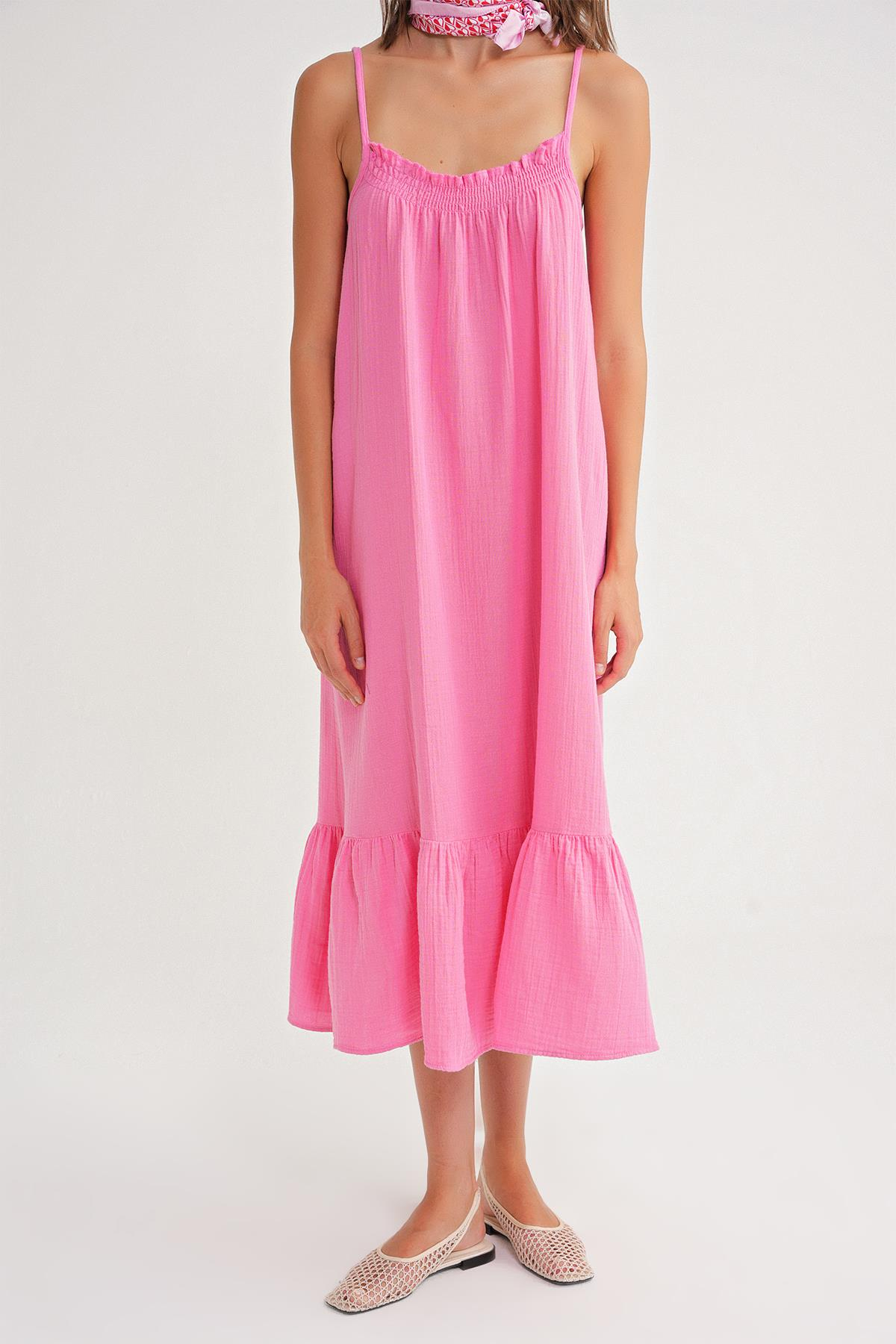 4740 Kadın Askılı Müslin Midi Elbise Pembe