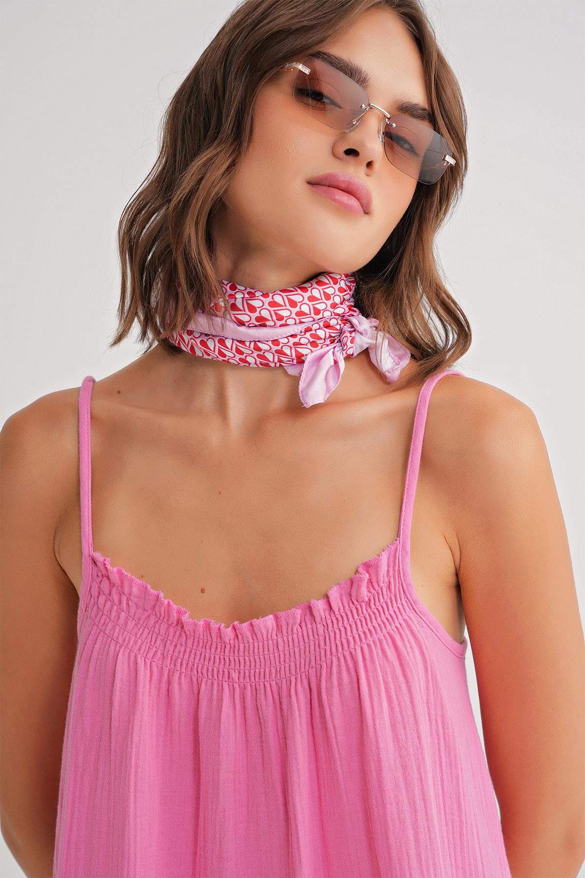 4740 Kadın Askılı Müslin Midi Elbise Pembe