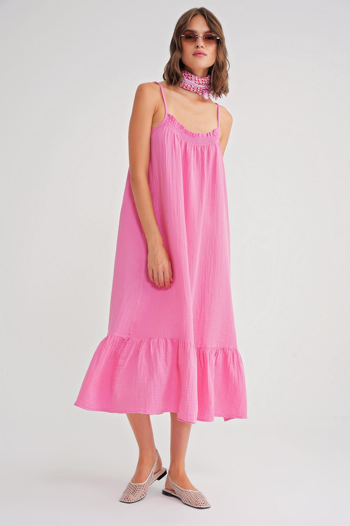 4740 Kadın Askılı Müslin Midi Elbise Pembe