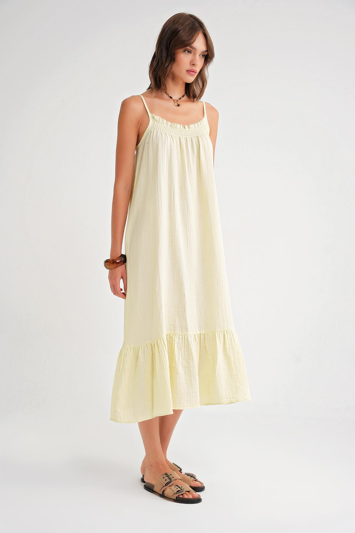 4740 Kadın Askılı Müslin Midi Elbise Sarı