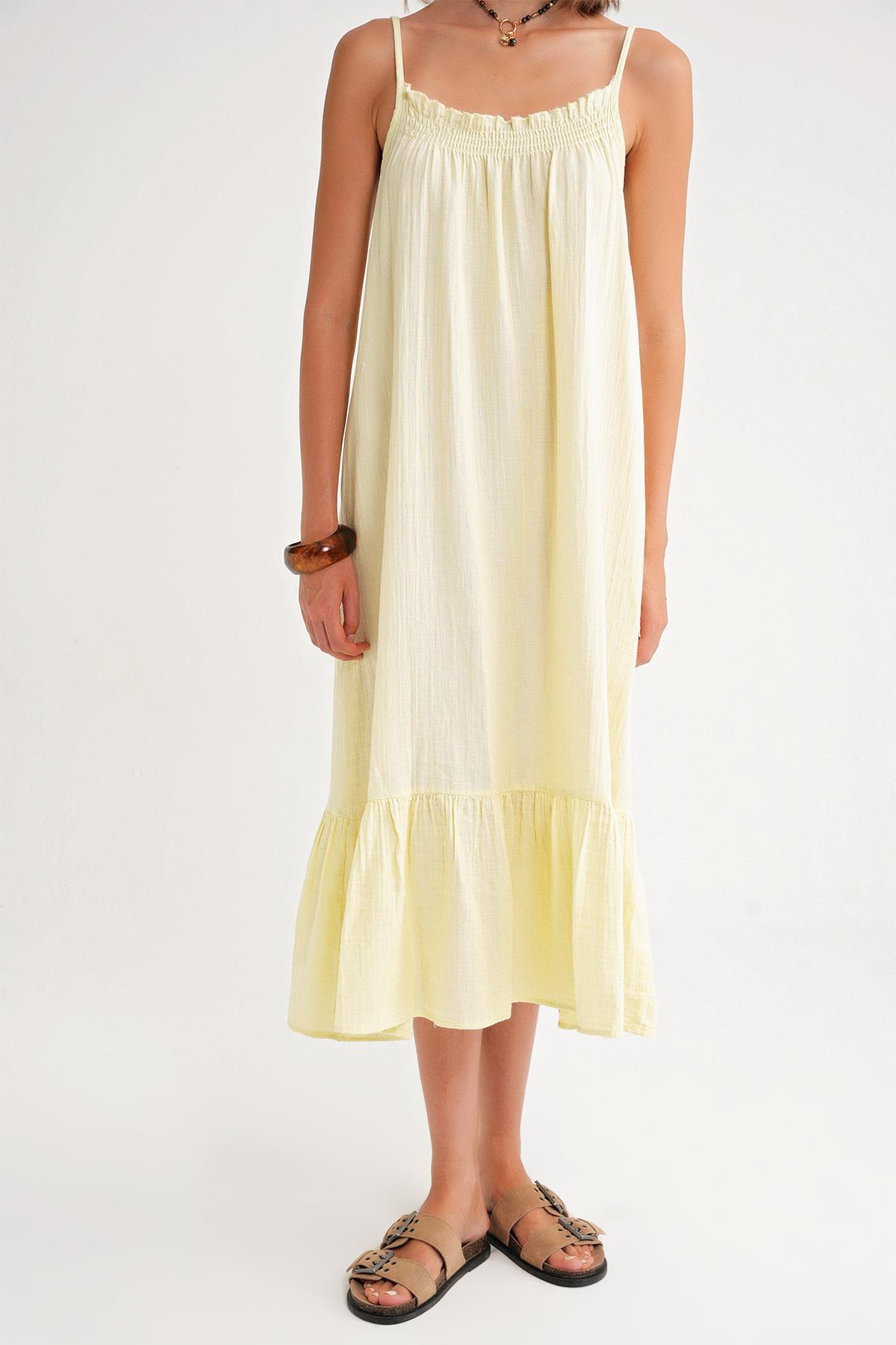 4740 Kadın Askılı Müslin Midi Elbise Sarı