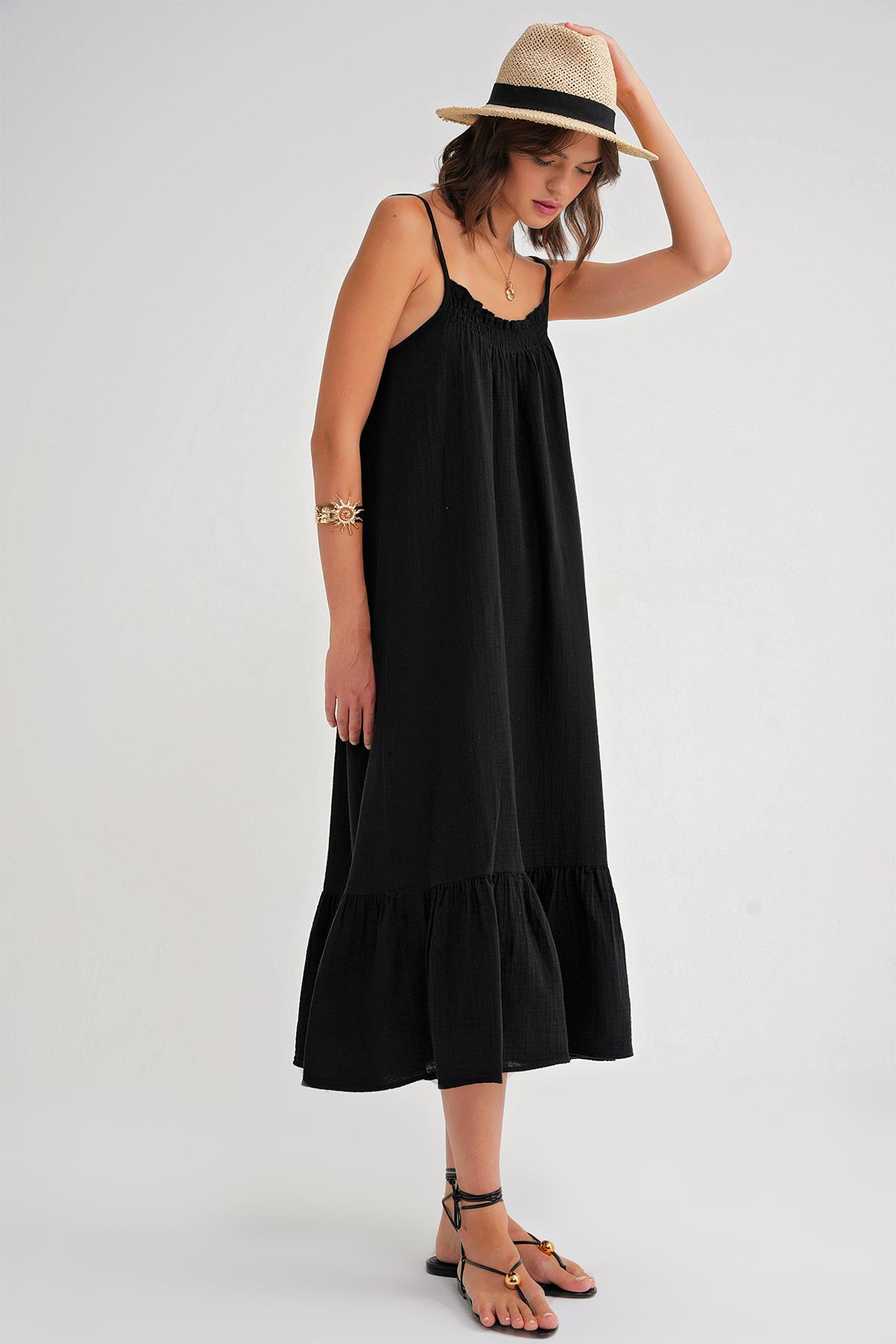 4740 Kadın Askılı Müslin Midi Elbise Siyah