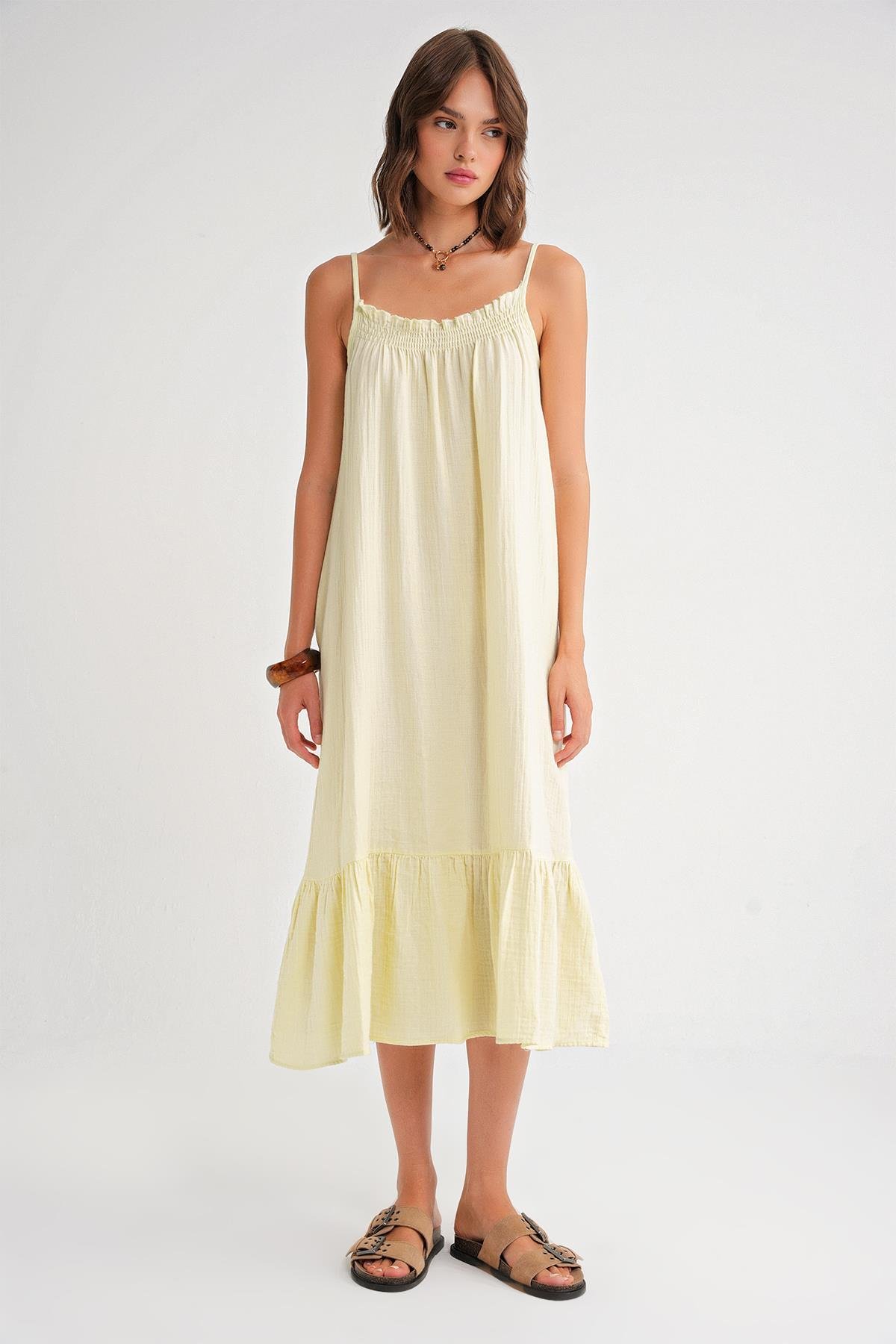 4740 Kadın Askılı Müslin Midi Elbise Sarı