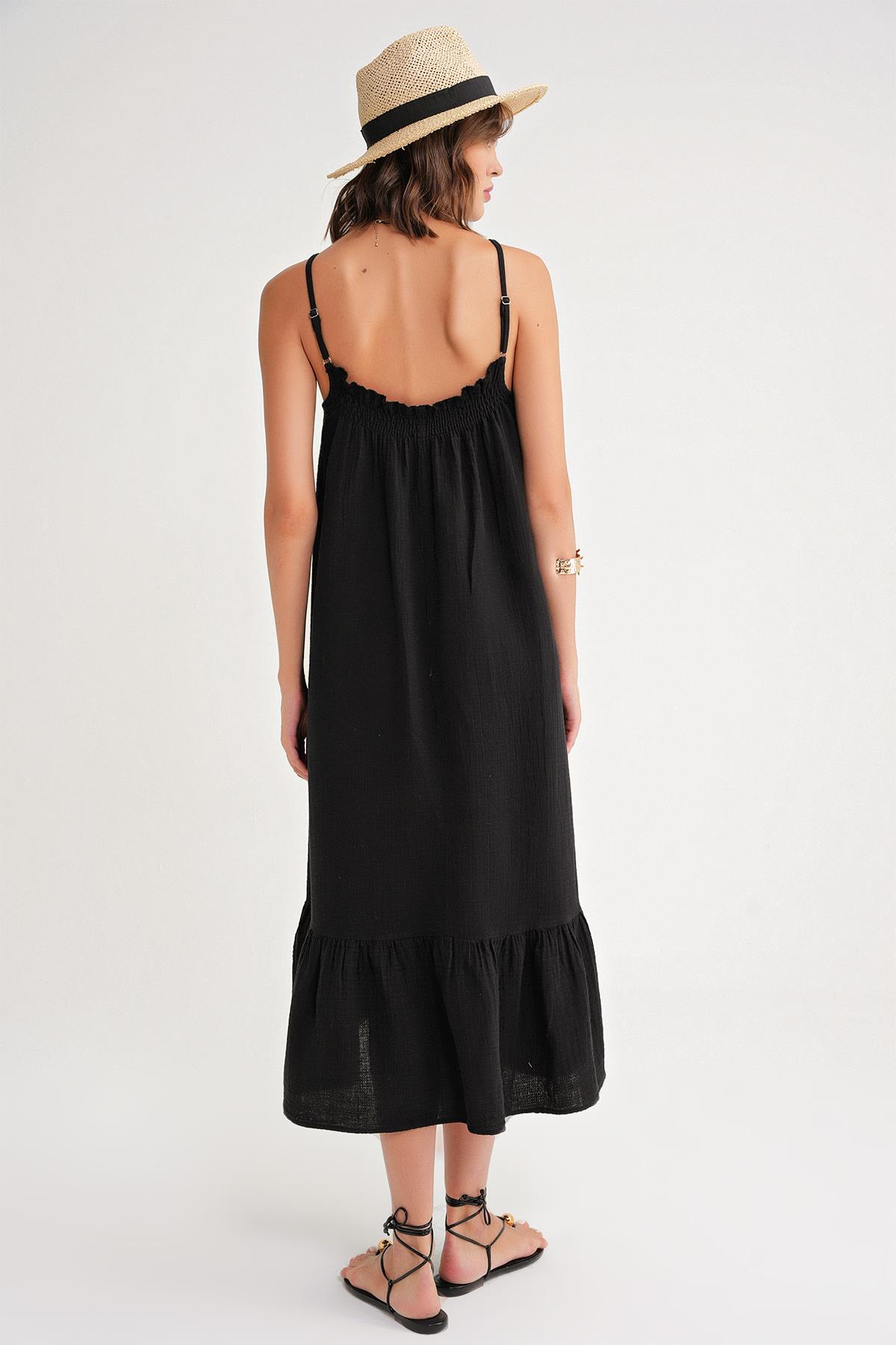4740 Kadın Askılı Müslin Midi Elbise Siyah