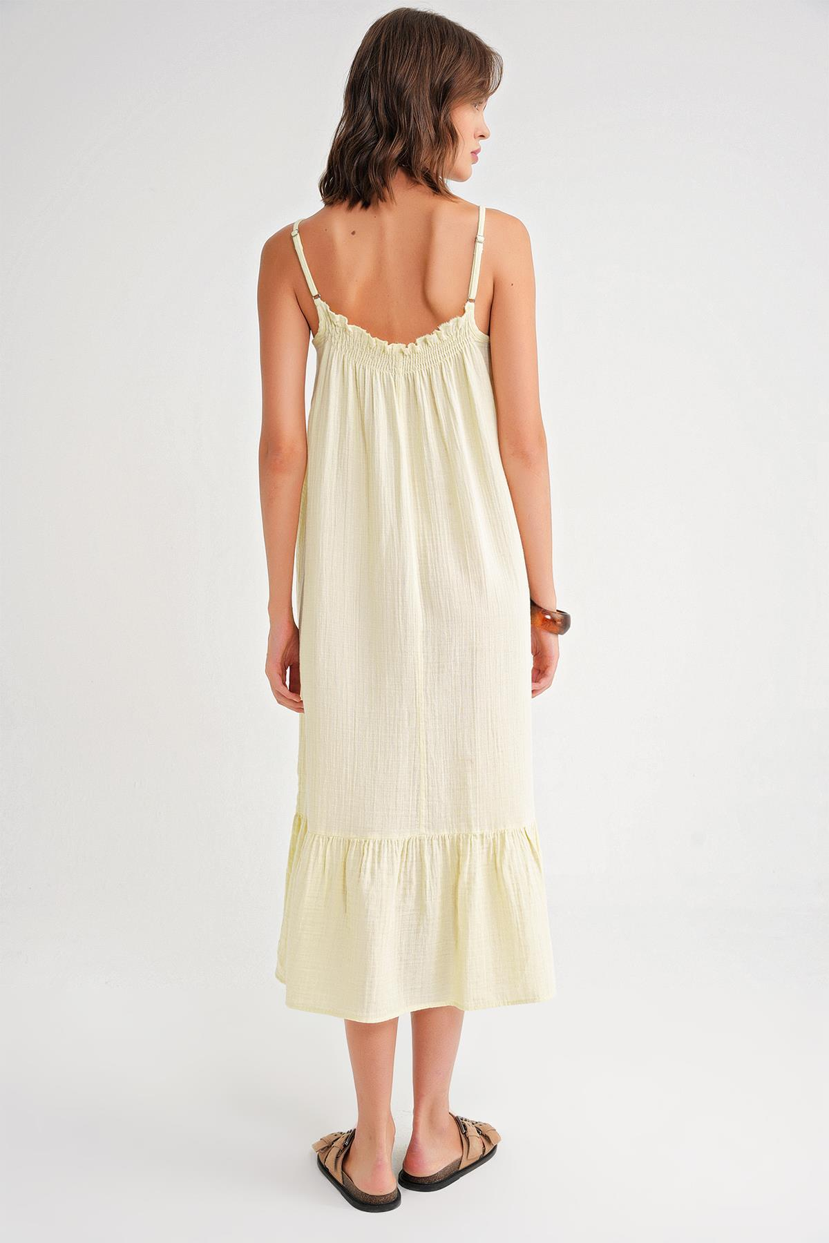 4740 Kadın Askılı Müslin Midi Elbise Sarı