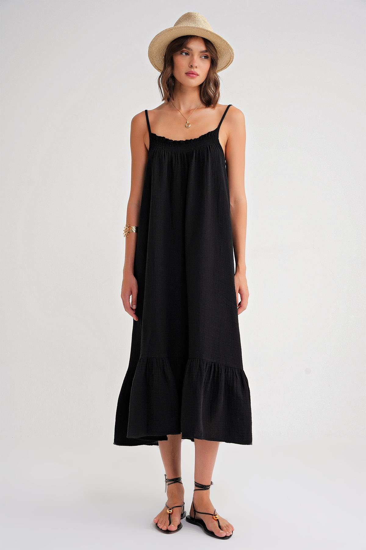 4740 Kadın Askılı Müslin Midi Elbise Siyah