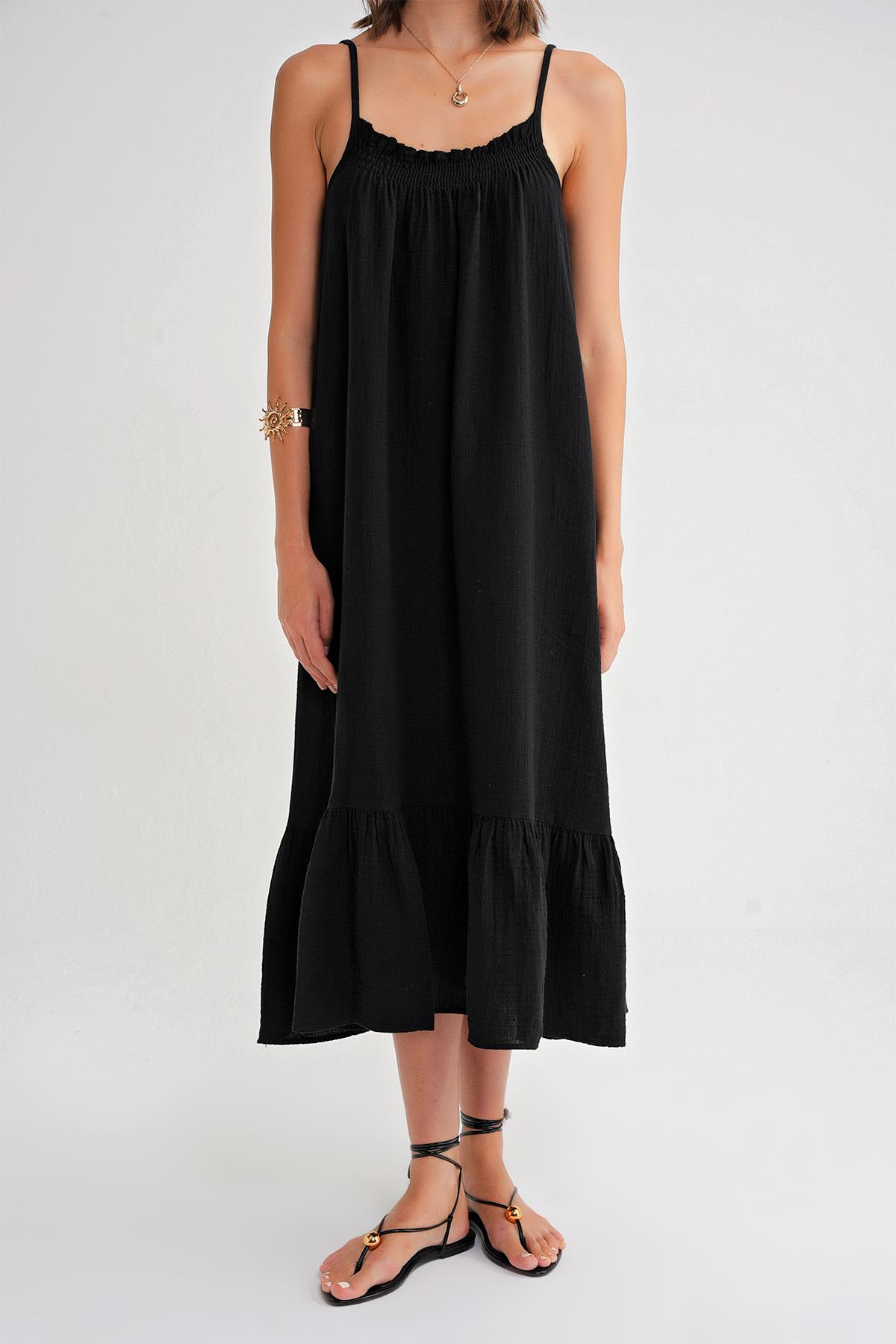 4740 Kadın Askılı Müslin Midi Elbise Siyah