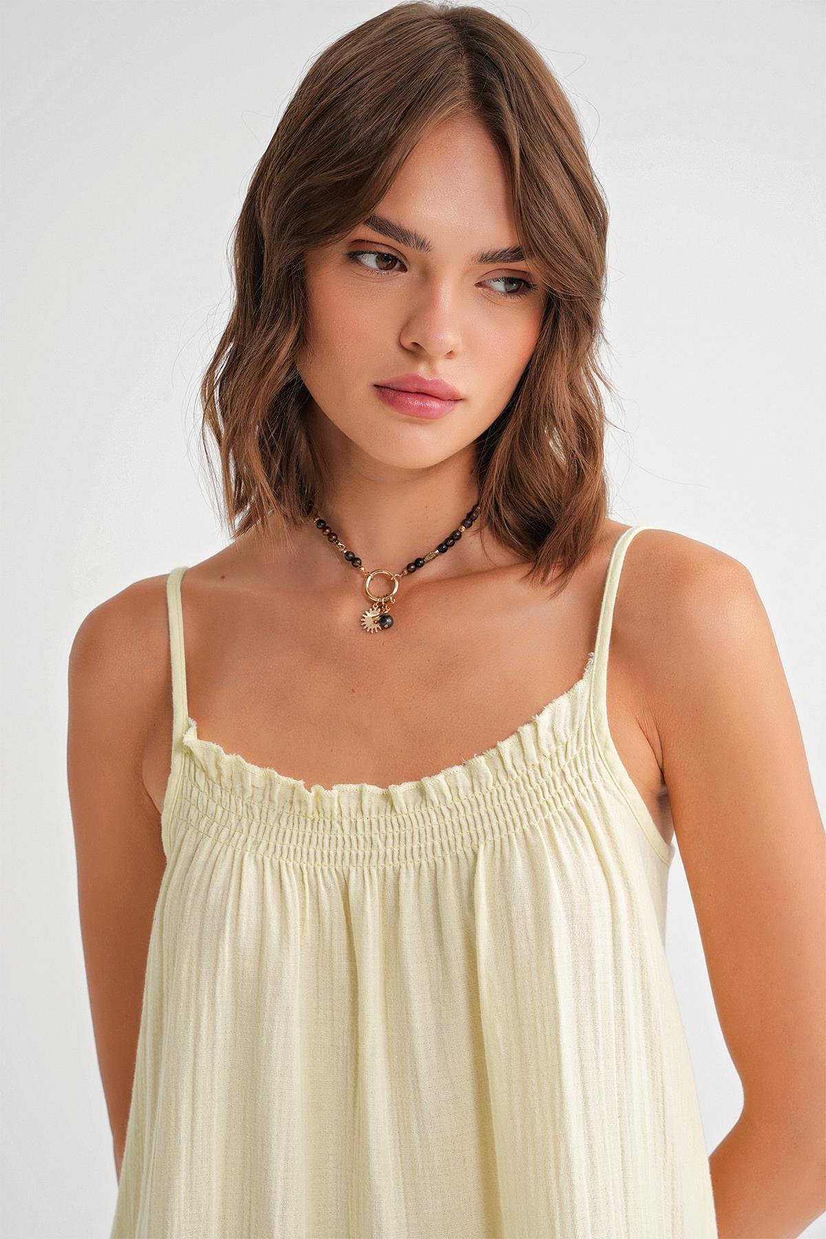 4740 Kadın Askılı Müslin Midi Elbise Sarı