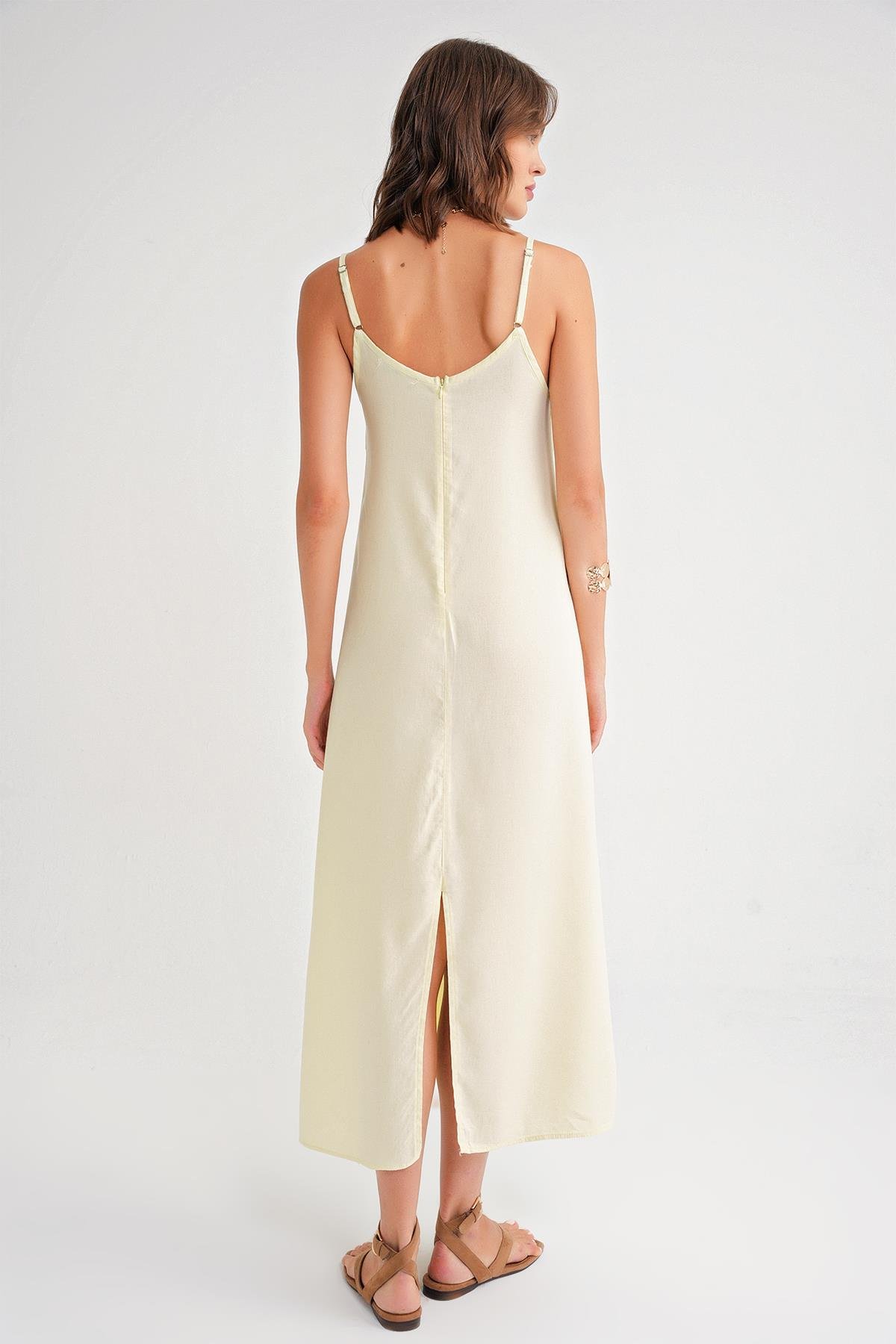 4742 Kadın İp Askılı Büzgü Detaylı Midi Elbise Sarı