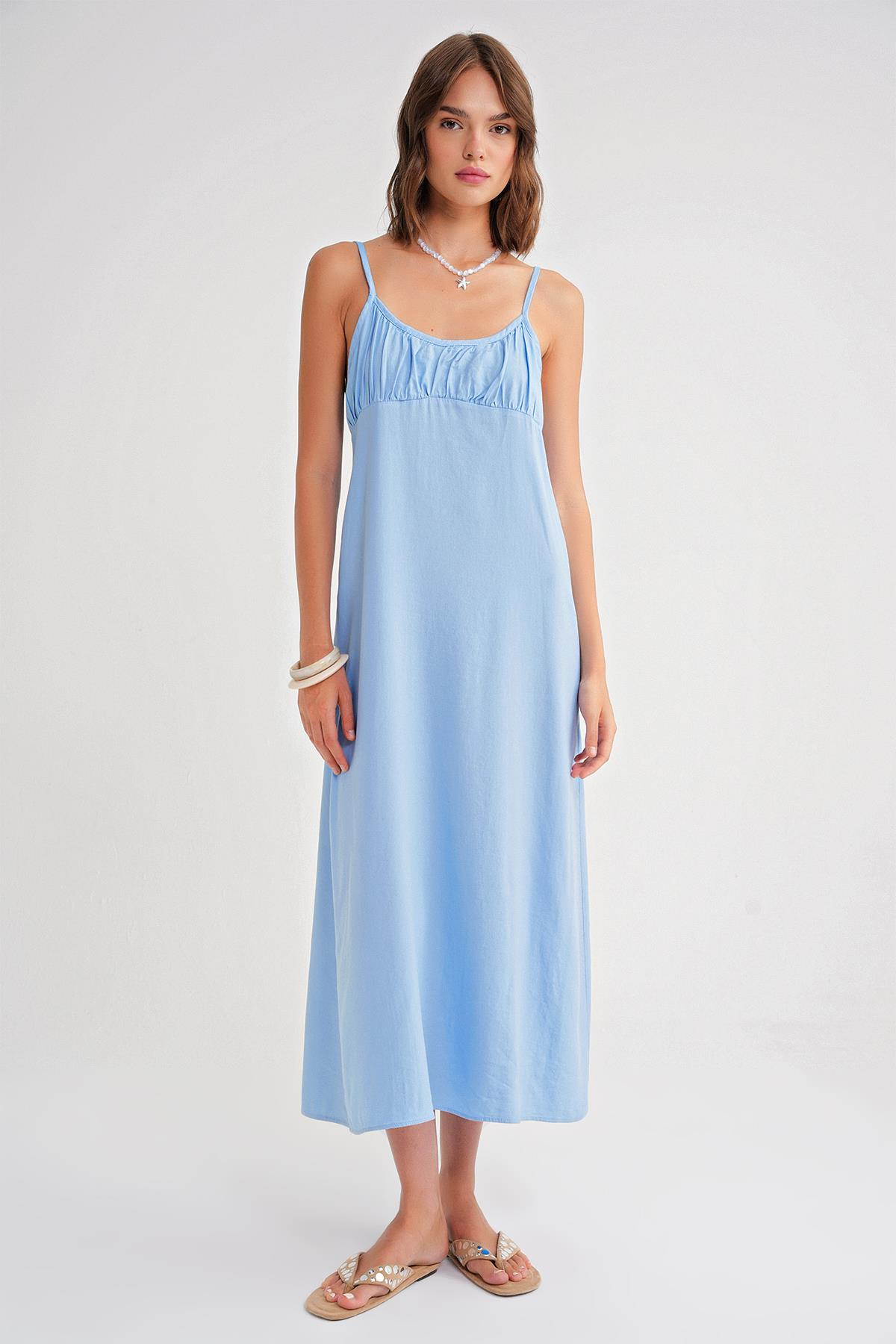 4742 Kadın İp Askılı Büzgü Detaylı Midi Elbise Bebe Mavi