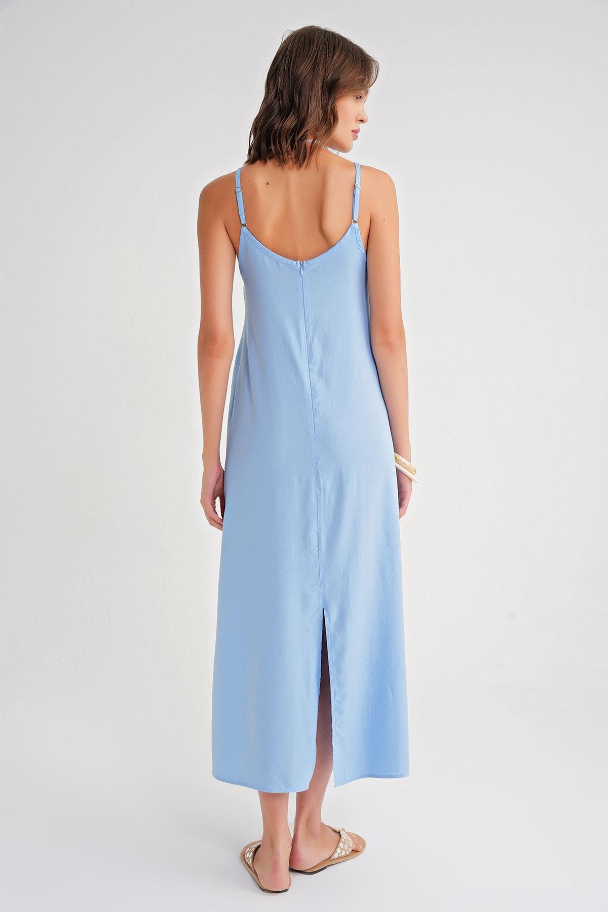 4742 Kadın İp Askılı Büzgü Detaylı Midi Elbise Bebe Mavi