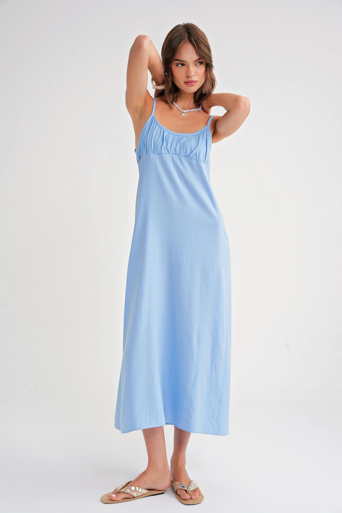 4742 Kadın İp Askılı Büzgü Detaylı Midi Elbise Bebe Mavi