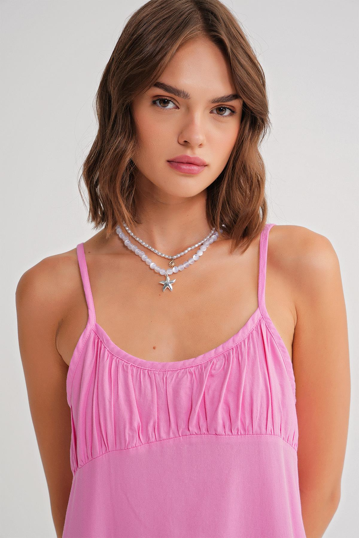 4742 Kadın İp Askılı Büzgü Detaylı Midi Elbise Pembe