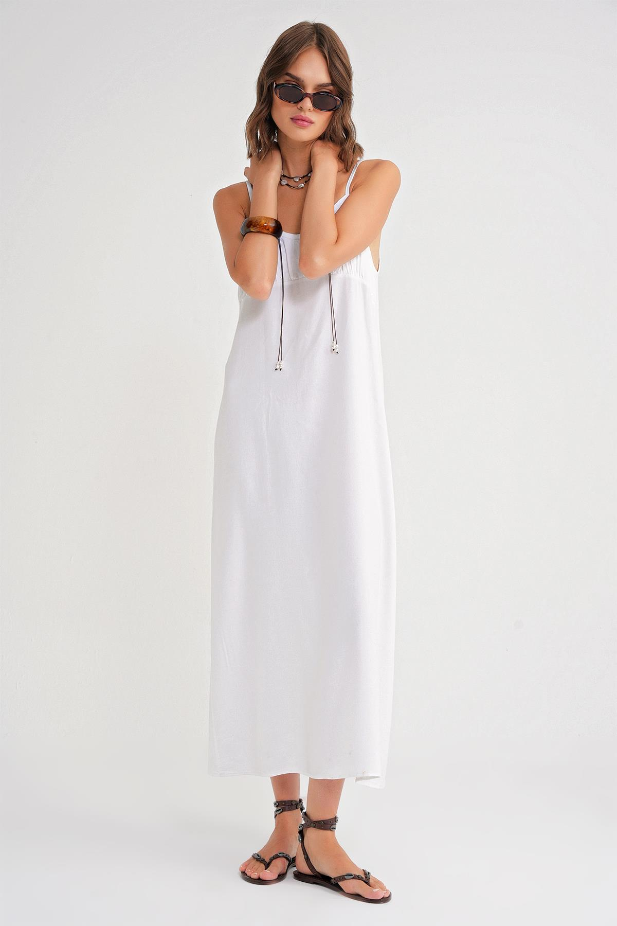 4742 Kadın İp Askılı Büzgü Detaylı Midi Elbise Beyaz