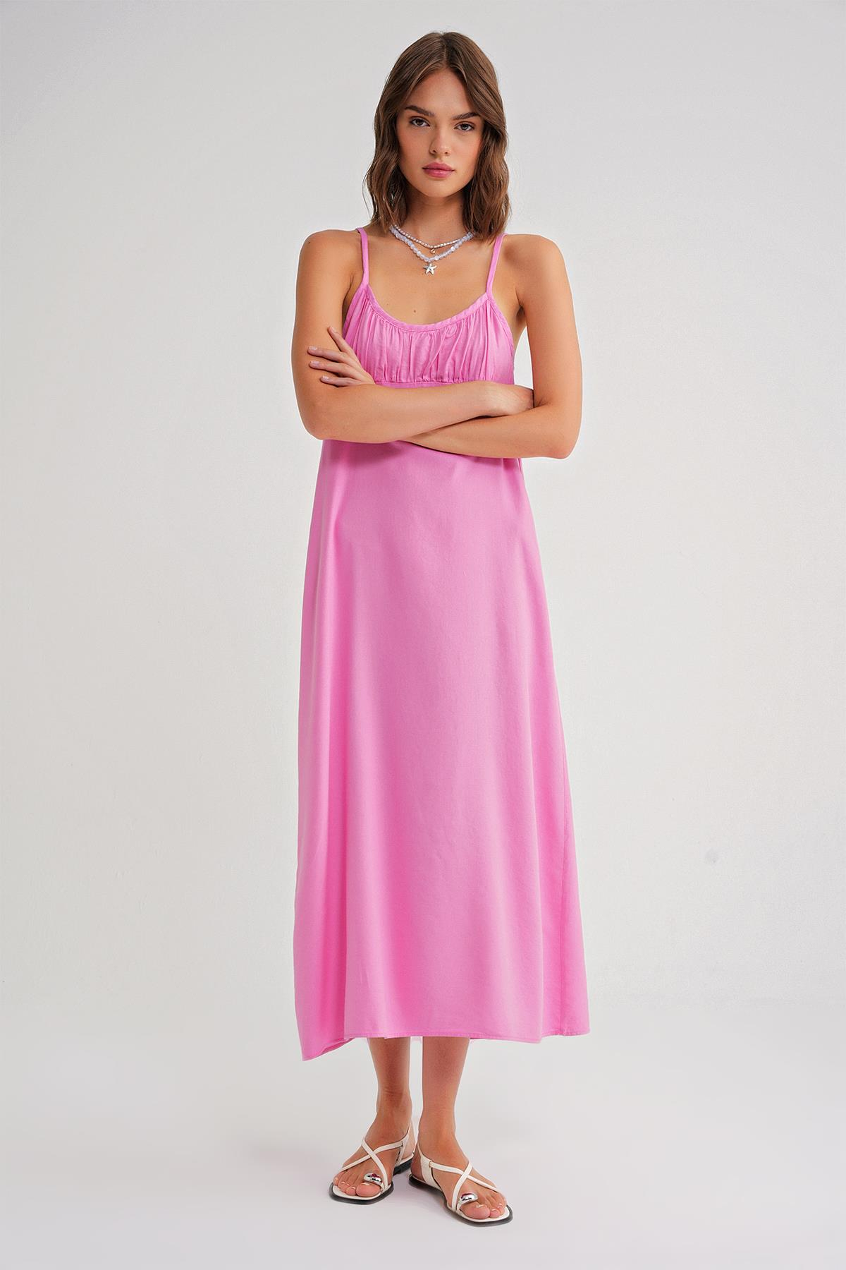 4742 Kadın İp Askılı Büzgü Detaylı Midi Elbise Pembe