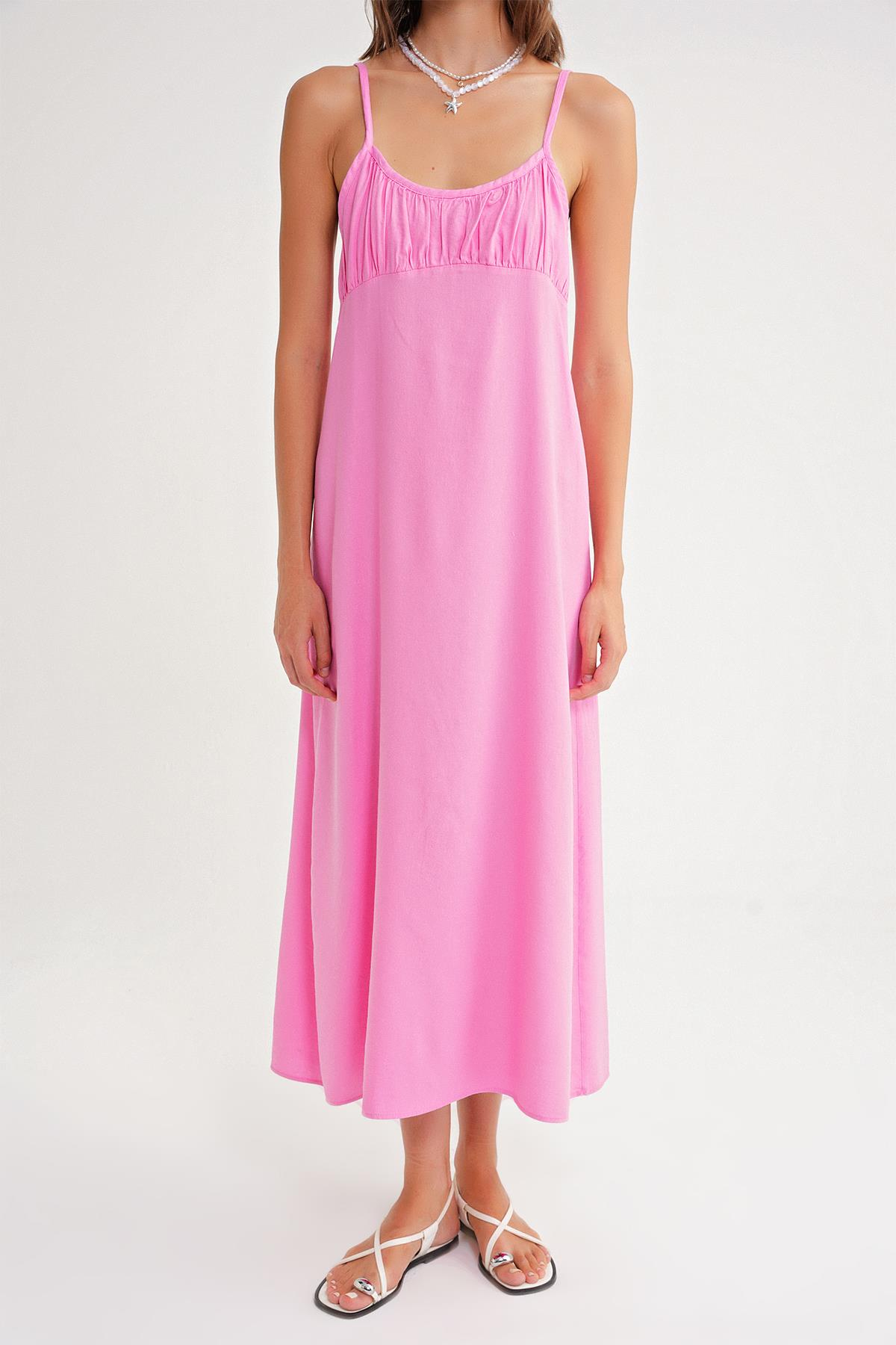 4742 Kadın İp Askılı Büzgü Detaylı Midi Elbise Pembe