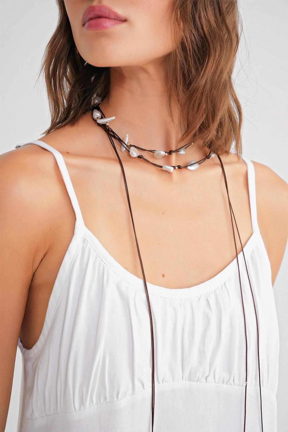 4742 Kadın İp Askılı Büzgü Detaylı Midi Elbise Beyaz