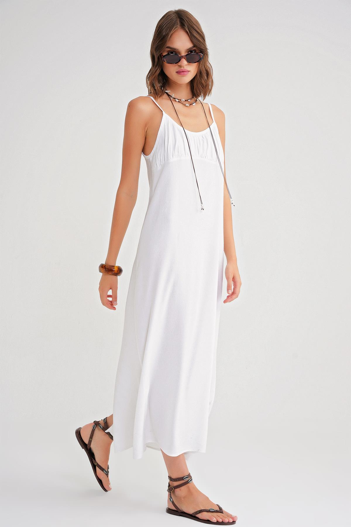 4742 Kadın İp Askılı Büzgü Detaylı Midi Elbise Beyaz