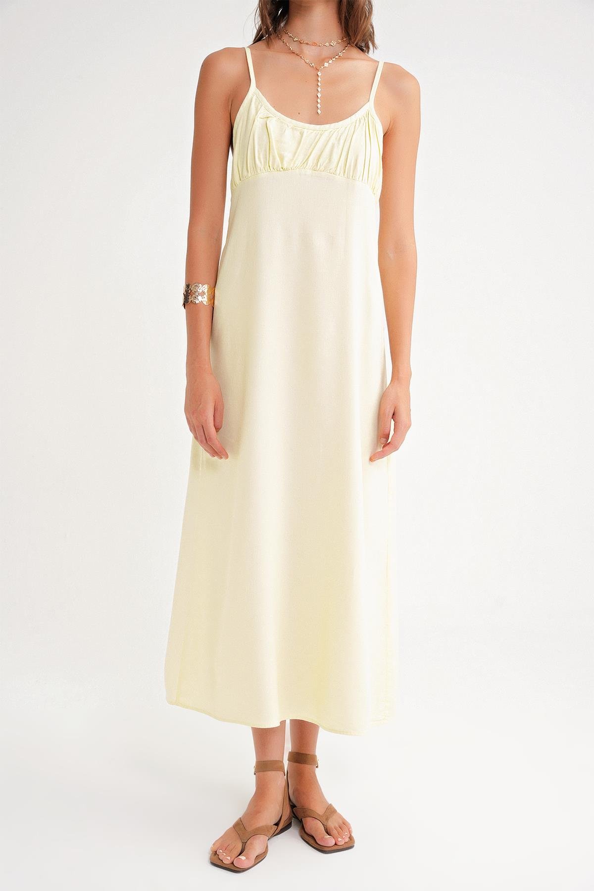 4742 Kadın İp Askılı Büzgü Detaylı Midi Elbise Sarı