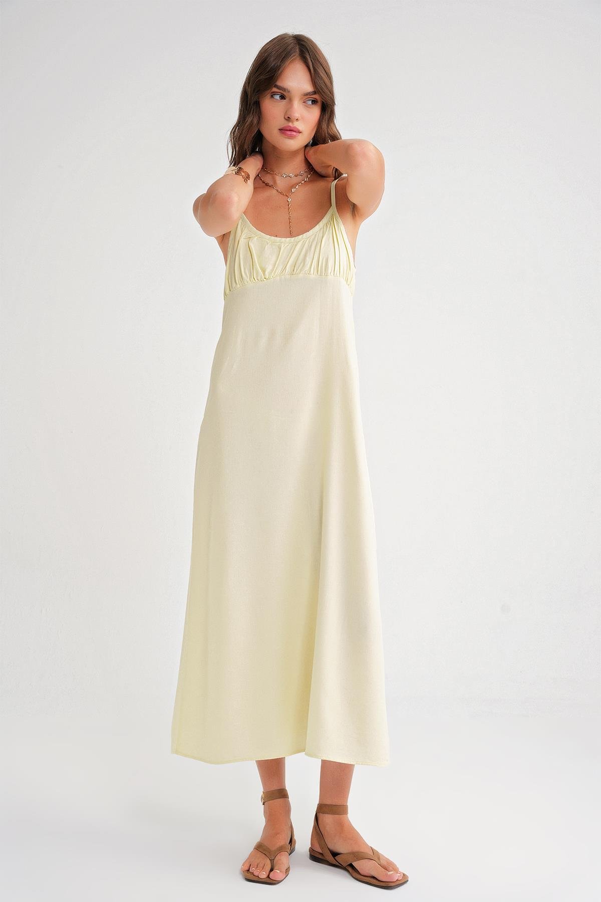 4742 Kadın İp Askılı Büzgü Detaylı Midi Elbise Sarı