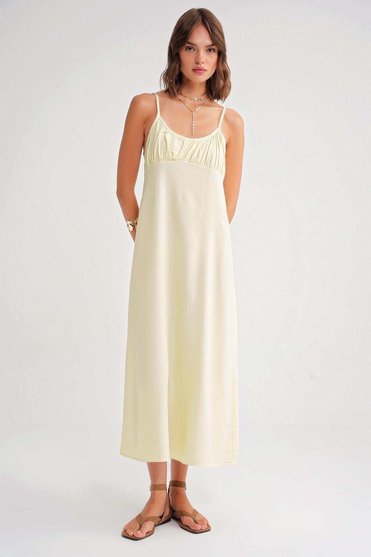 4742 Kadın İp Askılı Büzgü Detaylı Midi Elbise Sarı