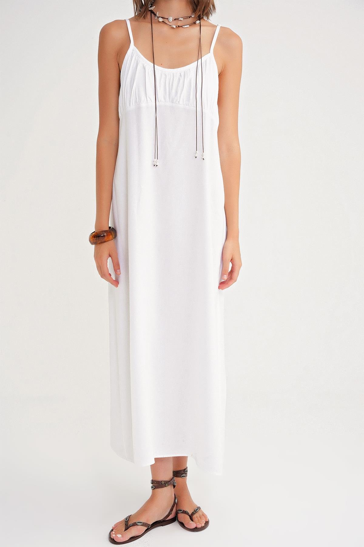 4742 Kadın İp Askılı Büzgü Detaylı Midi Elbise Beyaz