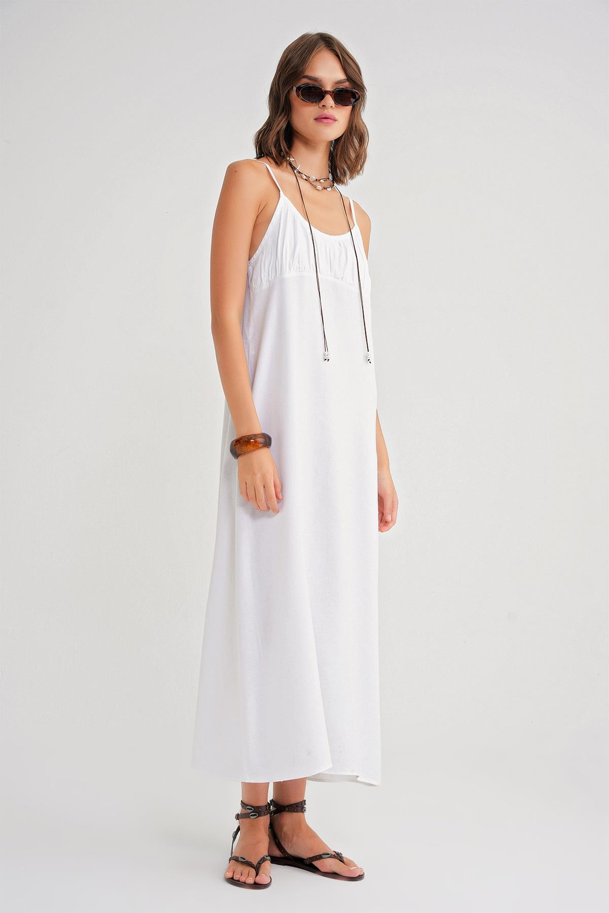 4742 Kadın İp Askılı Büzgü Detaylı Midi Elbise Beyaz