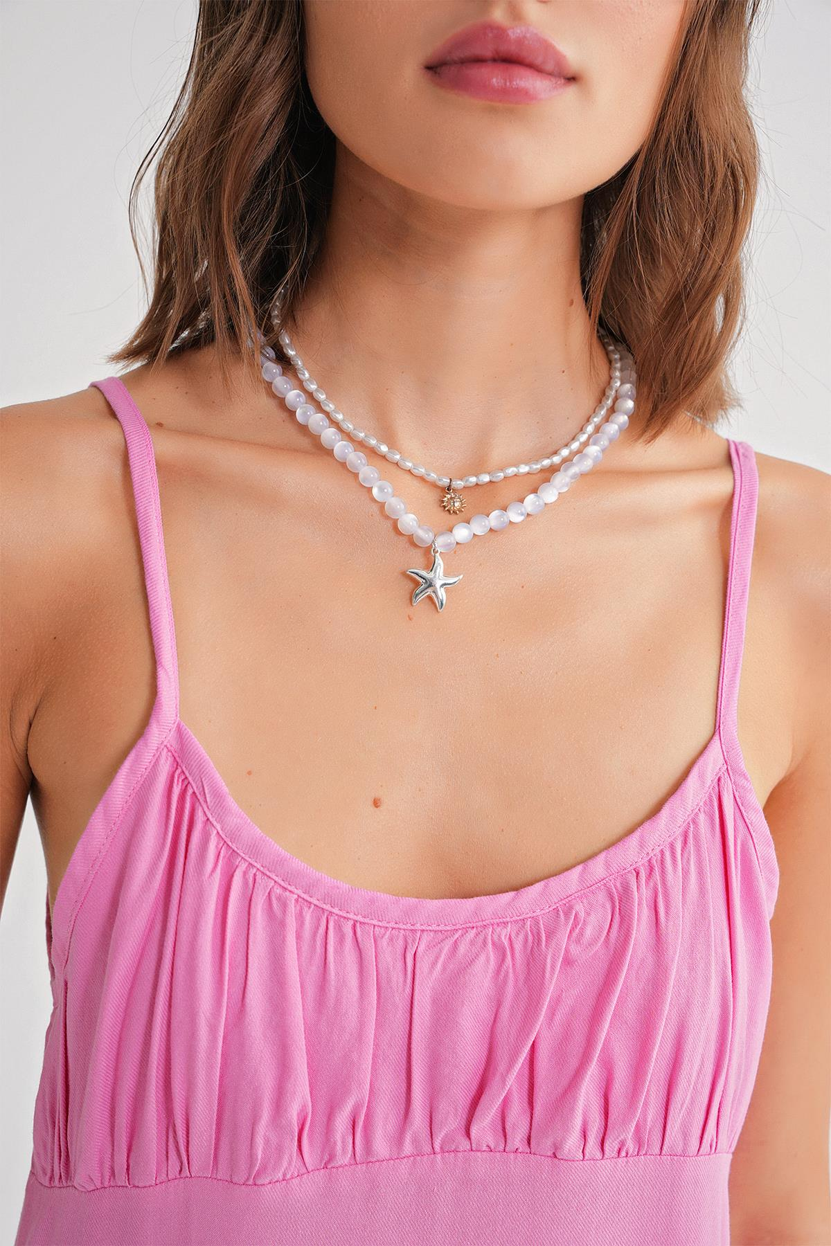 4742 Kadın İp Askılı Büzgü Detaylı Midi Elbise Pembe