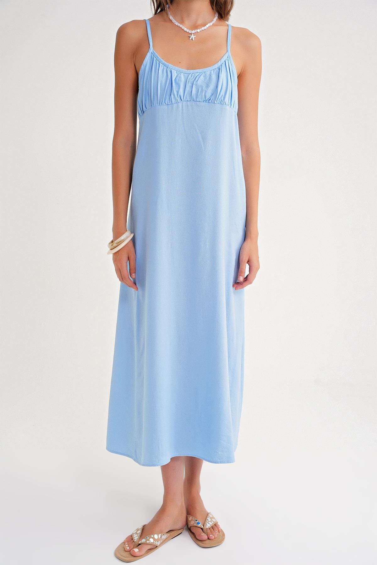 4742 Kadın İp Askılı Büzgü Detaylı Midi Elbise Bebe Mavi