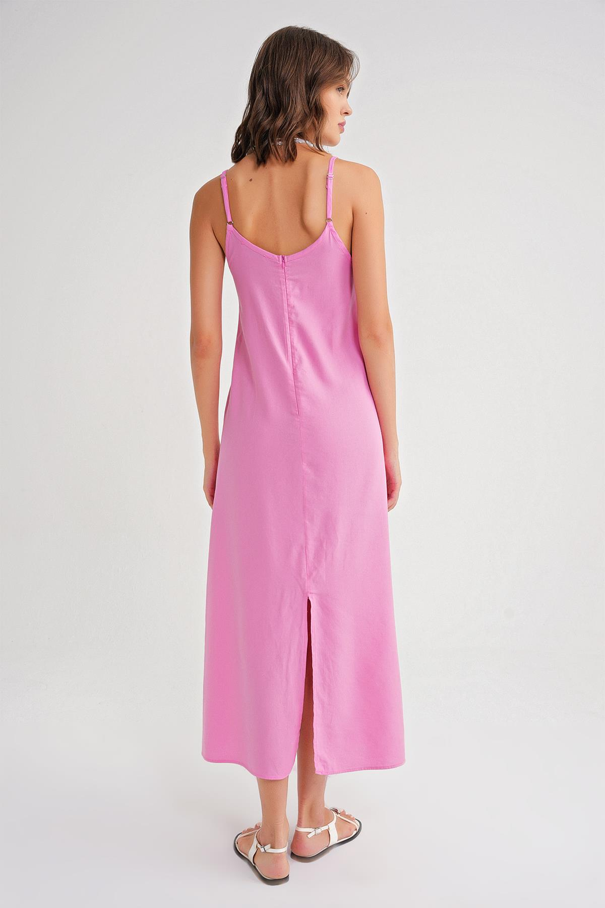 4742 Kadın İp Askılı Büzgü Detaylı Midi Elbise Pembe