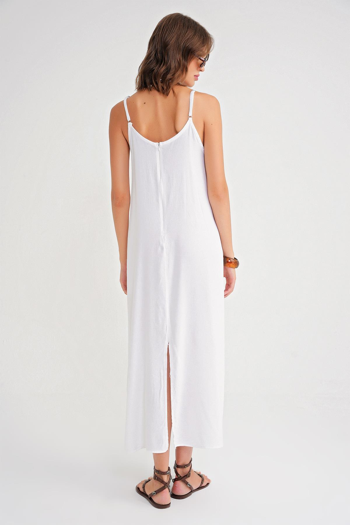 4742 Kadın İp Askılı Büzgü Detaylı Midi Elbise Beyaz