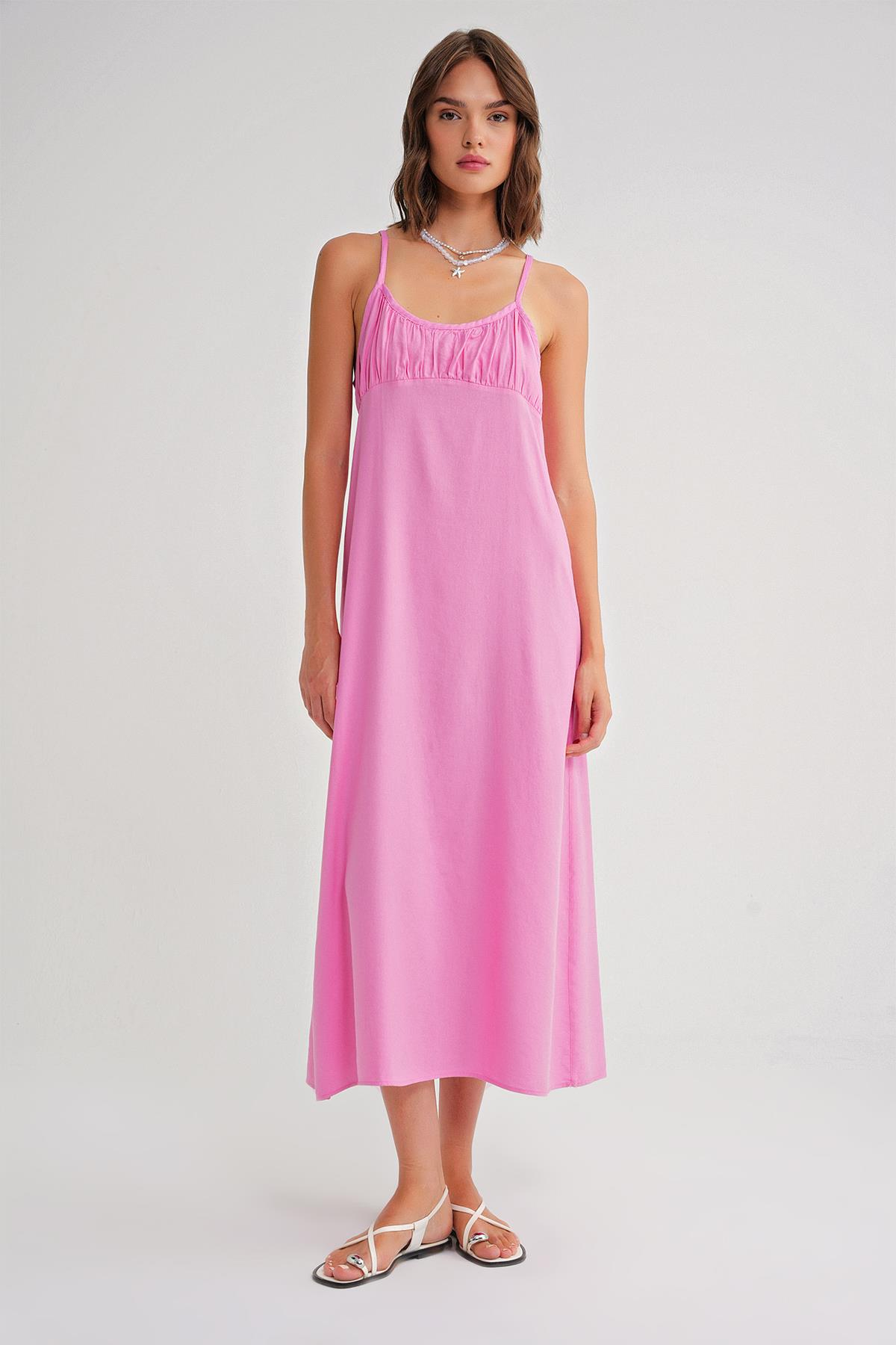 4742 Kadın İp Askılı Büzgü Detaylı Midi Elbise Pembe