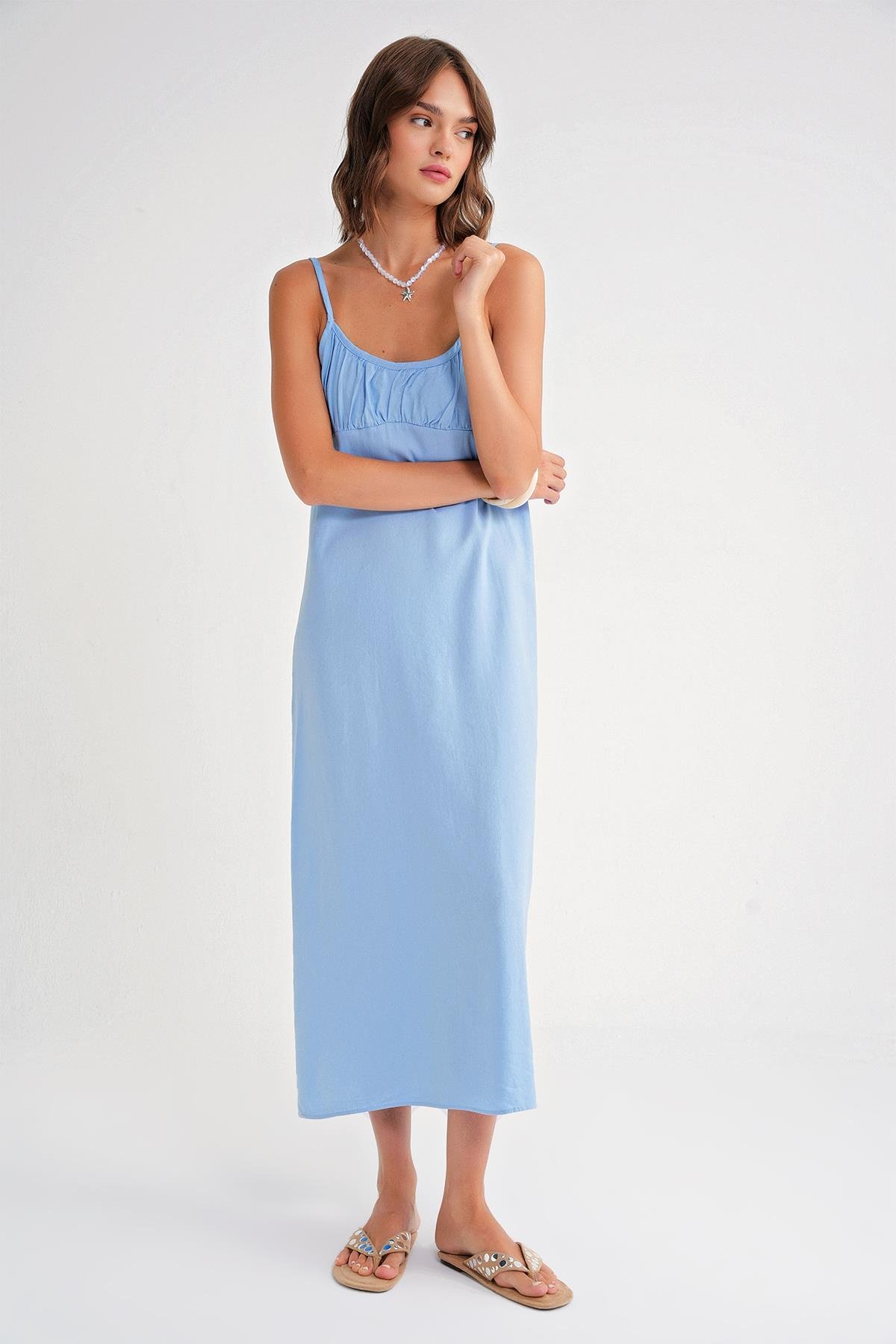 4742 Kadın İp Askılı Büzgü Detaylı Midi Elbise Bebe Mavi