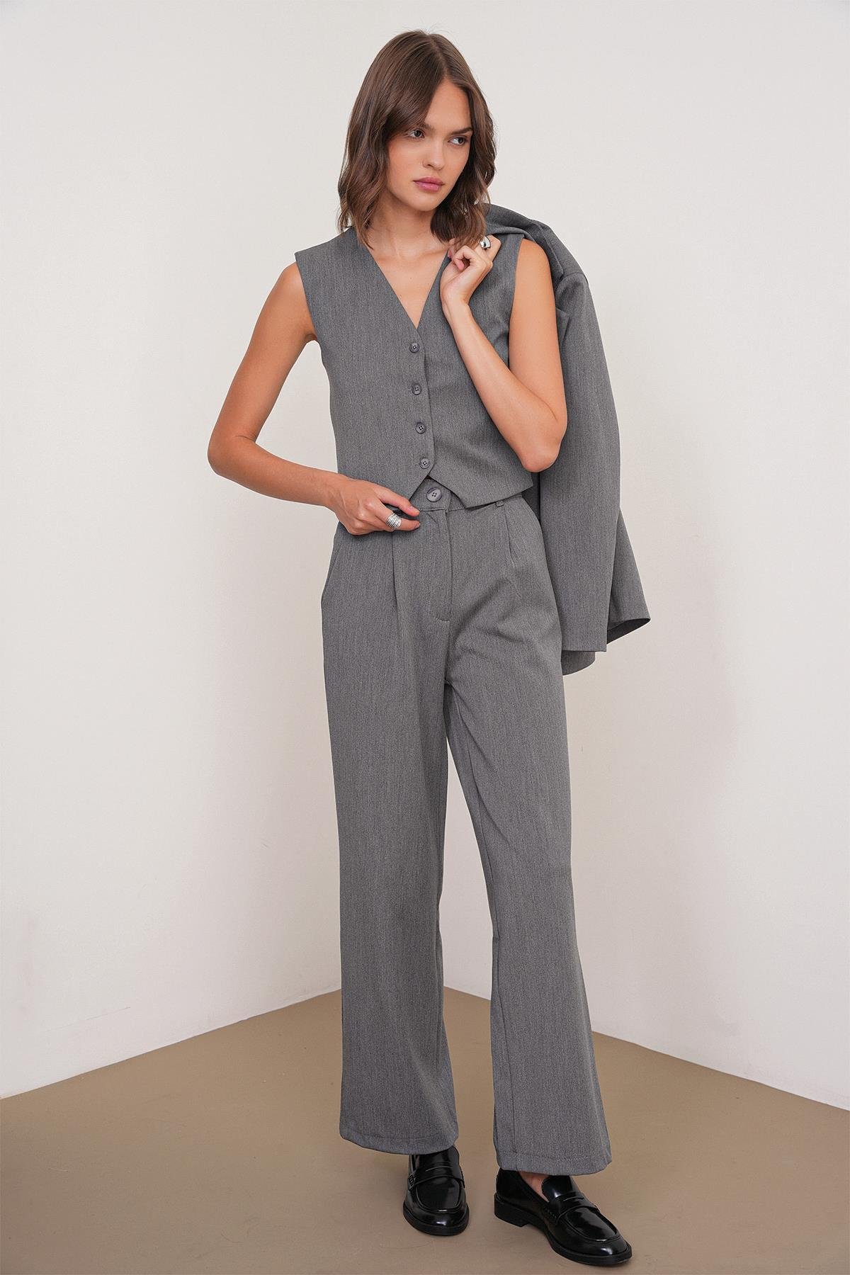 4744 Kadın Düğmeli Palazzo Pantolon Antrasit