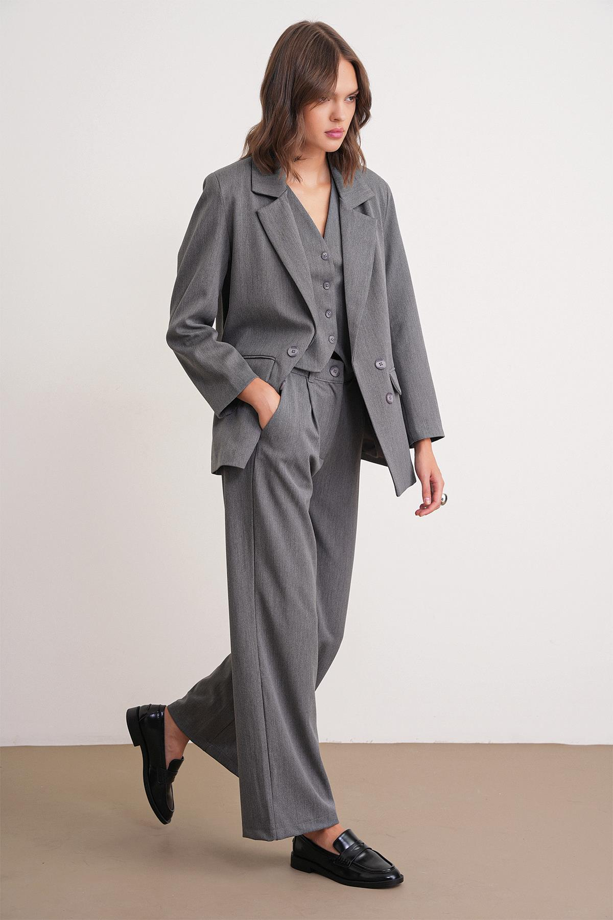 4744 Kadın Düğmeli Palazzo Pantolon Antrasit