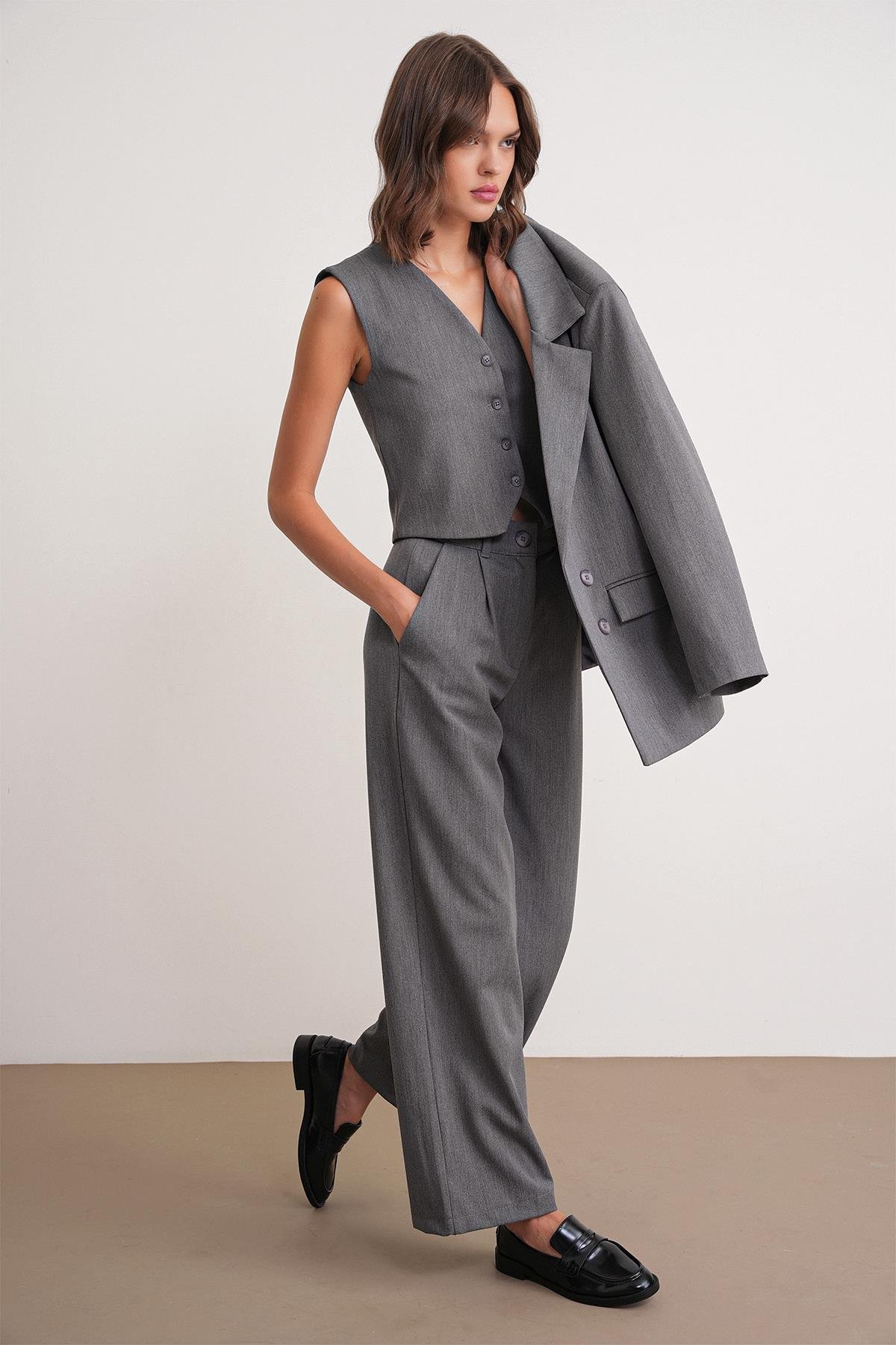 4744 Kadın Düğmeli Palazzo Pantolon Antrasit