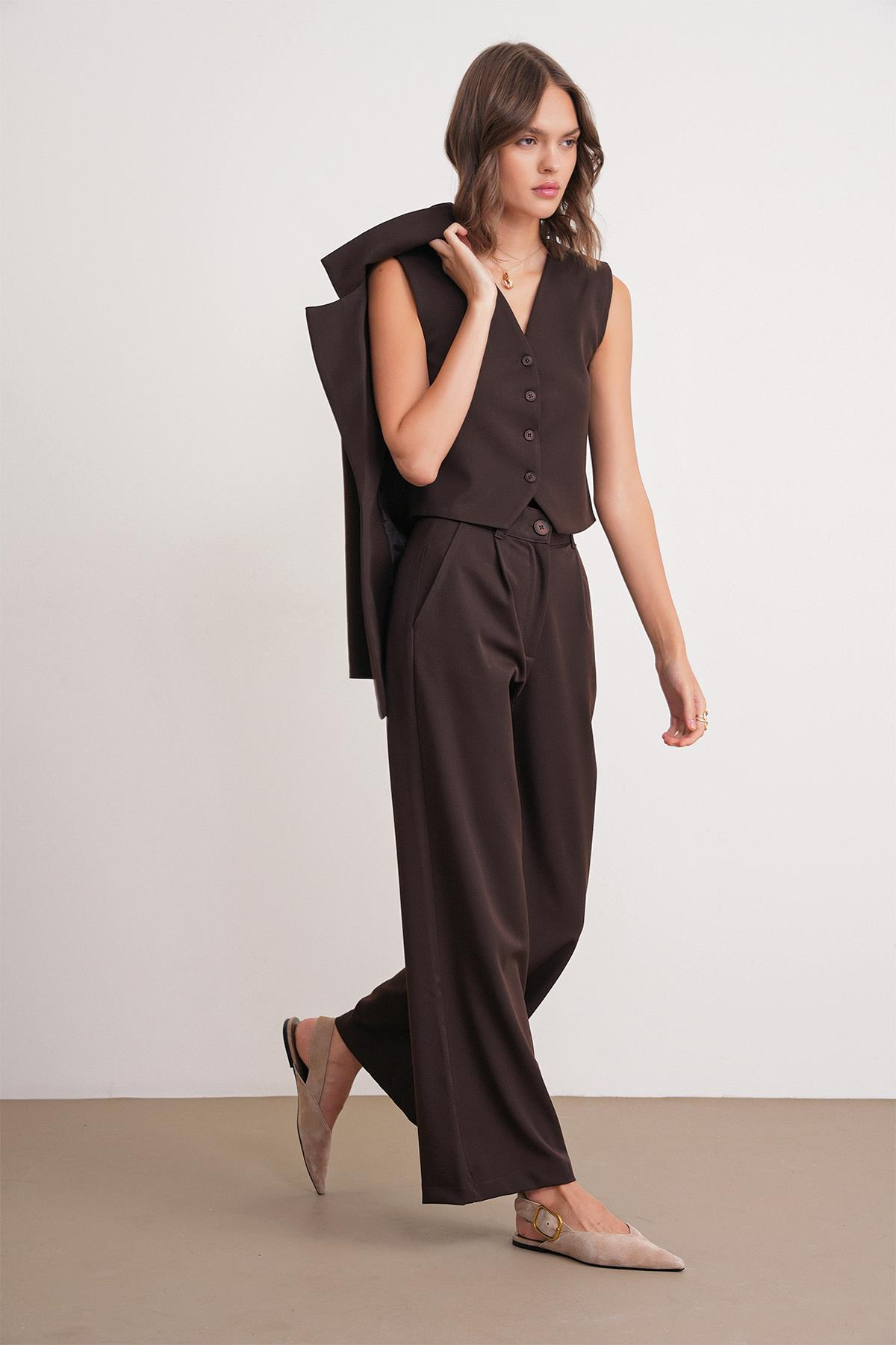 4744 Kadın Düğmeli Palazzo Pantolon Kahve