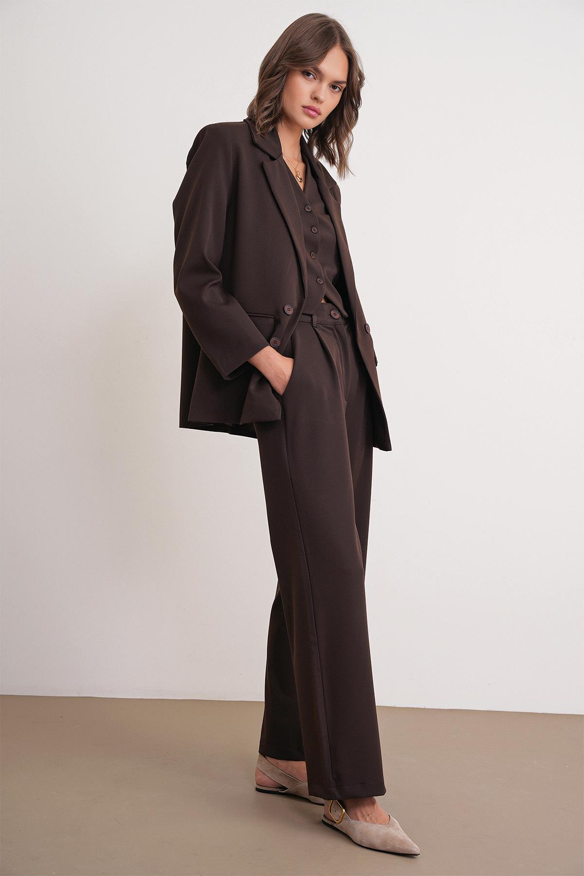 4744 Kadın Düğmeli Palazzo Pantolon Kahve