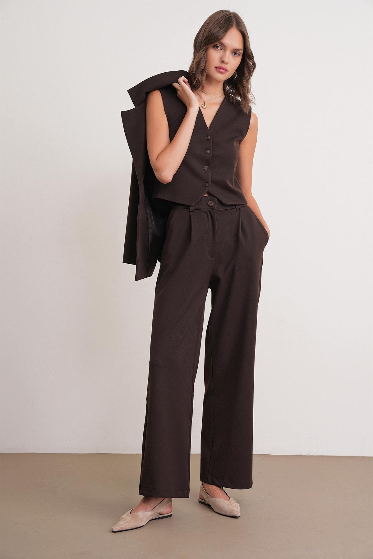 4744 Kadın Düğmeli Palazzo Pantolon Kahve
