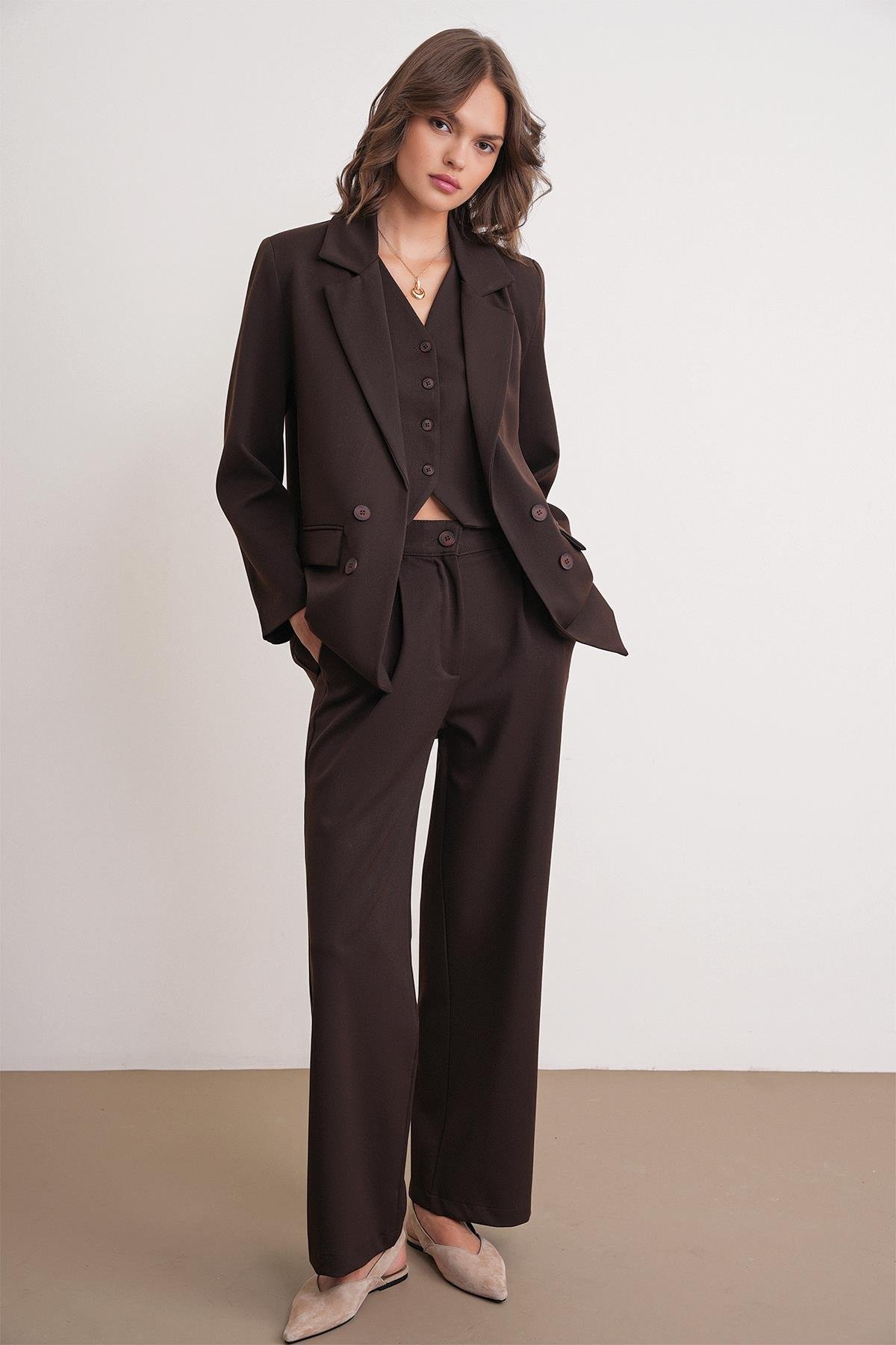 4744 Kadın Düğmeli Palazzo Pantolon Kahve