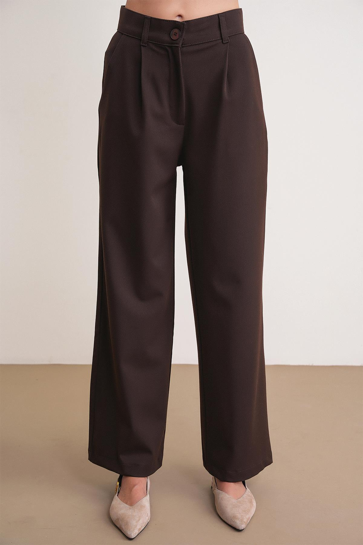 4744 Kadın Düğmeli Palazzo Pantolon Kahve