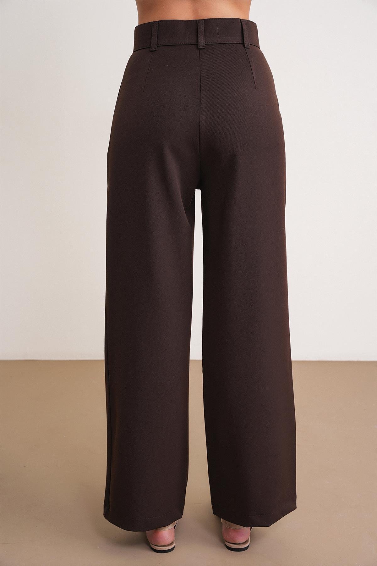 4744 Kadın Düğmeli Palazzo Pantolon Kahve